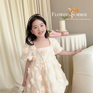 宝宝公主裙女童连衣裙夏装2023新款杏色花朵长裙时髦洋气周岁礼服