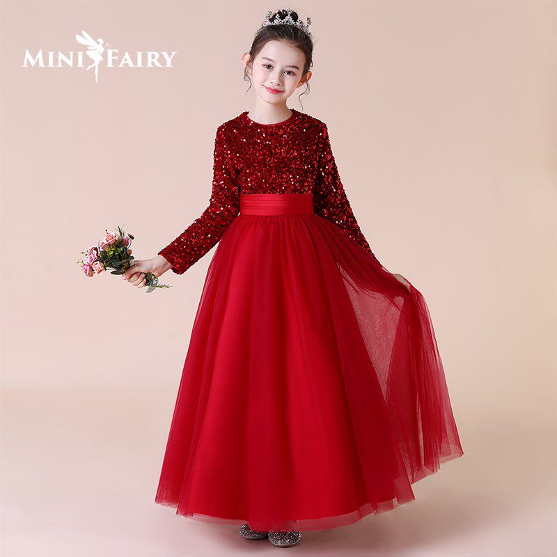 女童秋冬长袖晚礼服红色高端钢琴演出服小学生主持人表演亮片长裙