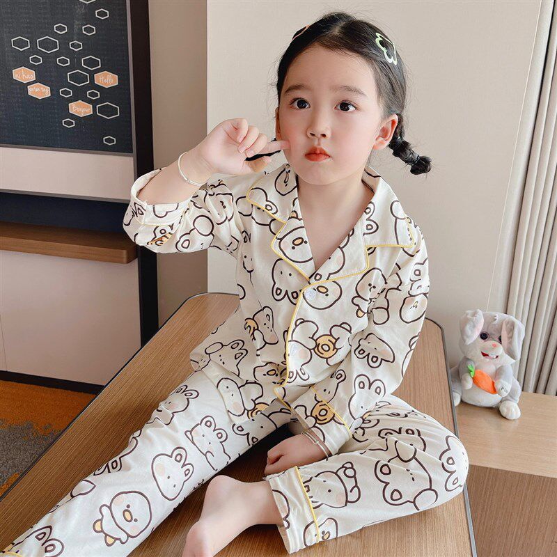 女童可爱翻领纯棉春秋睡衣男童夏季薄款长袖空调服儿童A类家居服