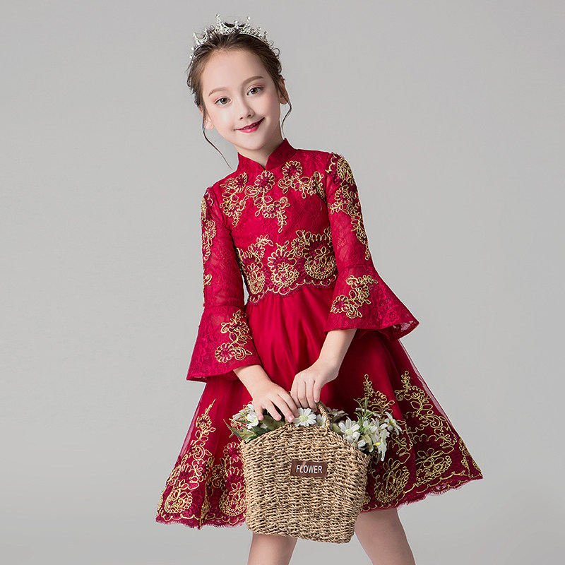 中式儿童礼服公主裙女童蓬蓬纱生日长袖红色花童主持人钢琴演出服