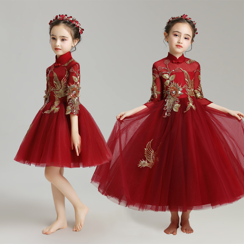 女童公主裙儿童晚礼服花童小女孩蓬蓬纱中式主持人演出服长袖洋气