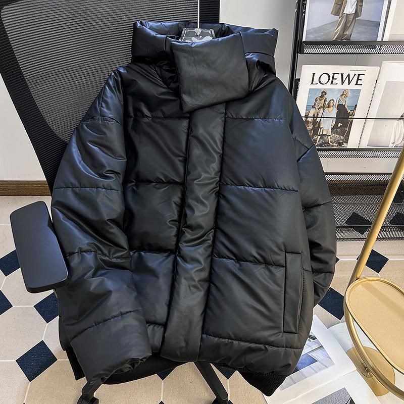 重磅简约连帽短款皮棉服外套男女宽松冬季加厚休闲pu皮羽绒棉衣潮