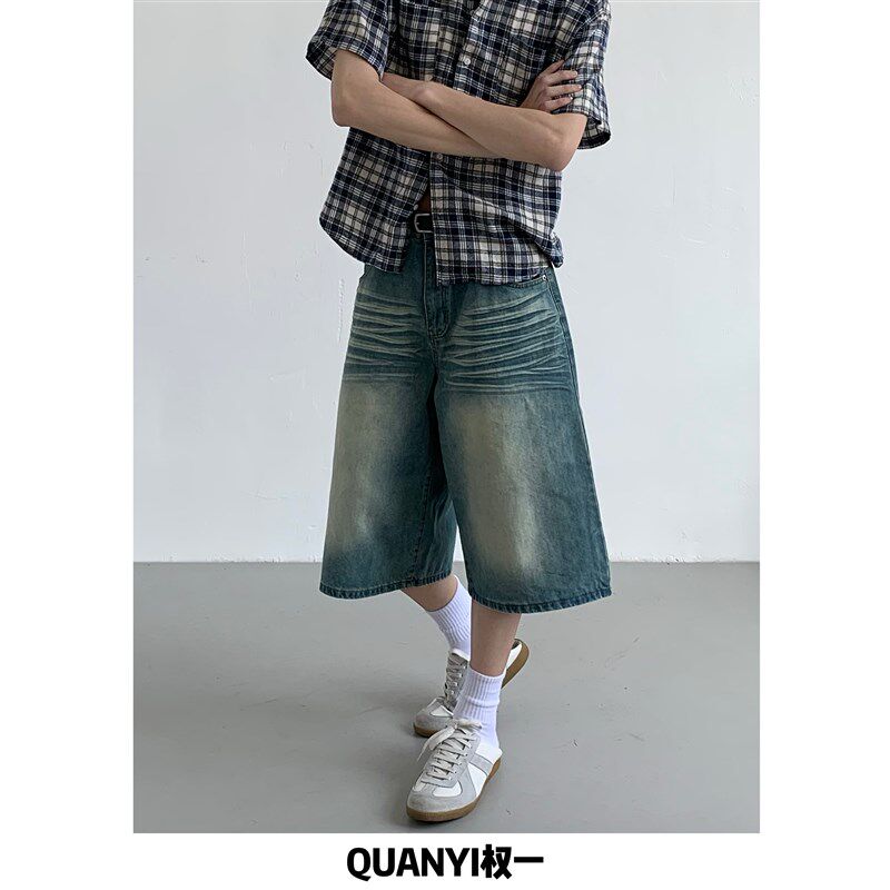 权一夏季水洗做旧直筒牛仔短裤男复古设计感廓形七分裤中裤小众潮
