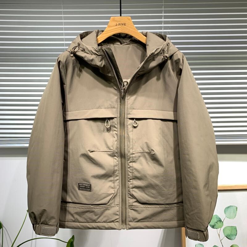 2024春季新款男士连帽宽松夹棉外套时尚百搭防风棉服短款薄棉夹克