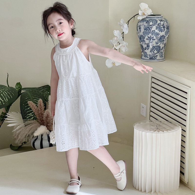 女童吊带挂脖白色连衣裙夏季2024新款儿童女宝洋气棉布裙子夏装潮