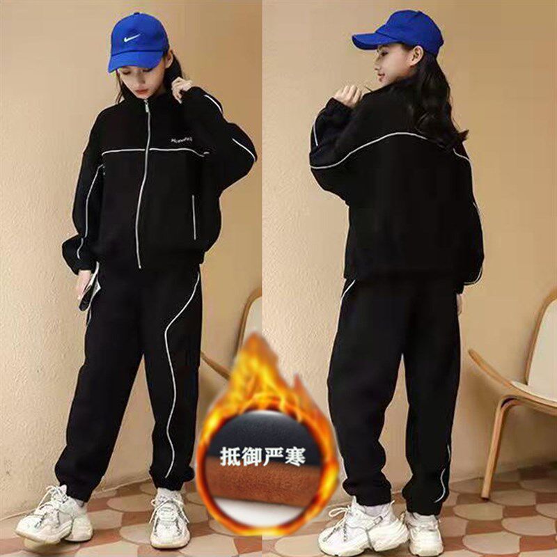 女童套装夹克加绒棒球服运动时髦洋气2022秋冬新款休闲加厚二件套