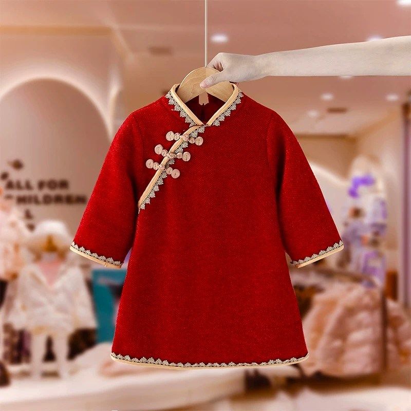 女童拜年服秋冬季2025中国风宝宝加绒唐装红色裙子儿童旗袍连衣裙