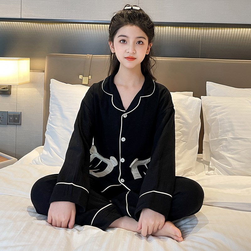 女童睡衣儿童春秋纯棉长袖薄款家居服套装纯色黑色开衫夏季空调服