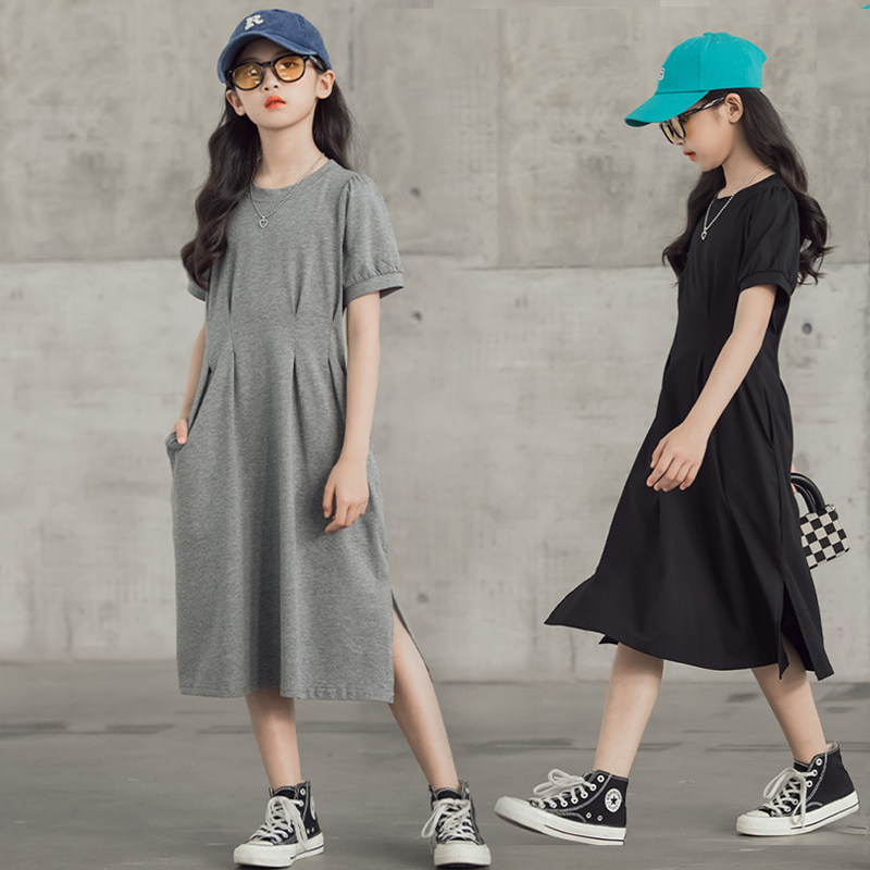 儿童连衣裙短袖女孩夏装新款韩版亲子装洋气开叉大童女孩过膝长裙