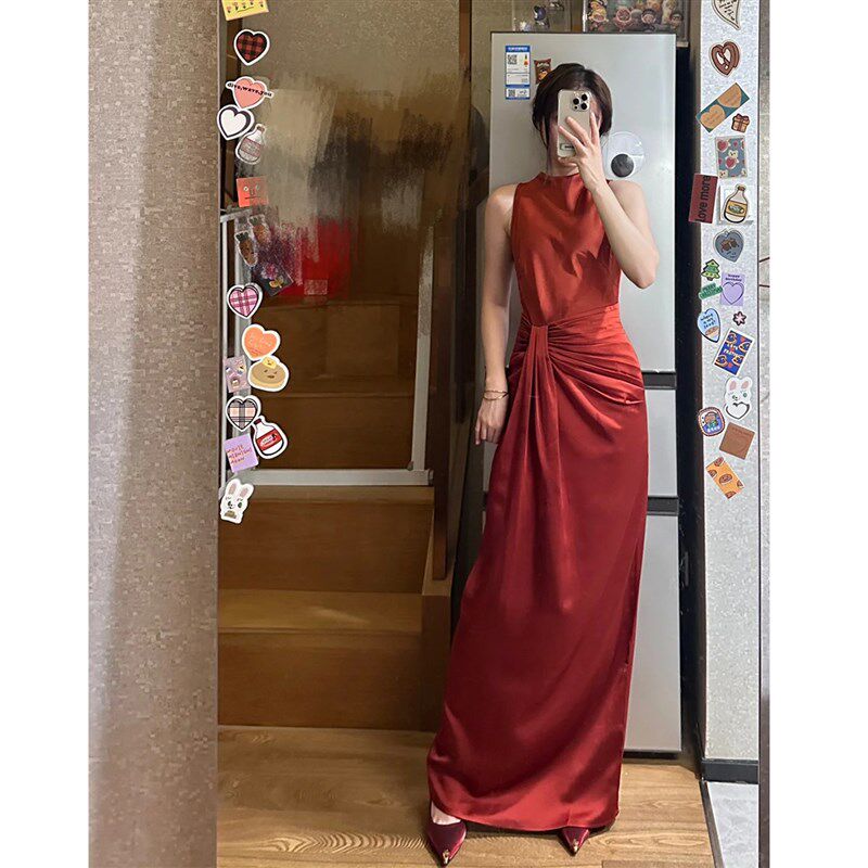 新中式晨袍女新娘无袖旗袍敬酒服红色订婚礼服裙夏结婚便装出阁宴