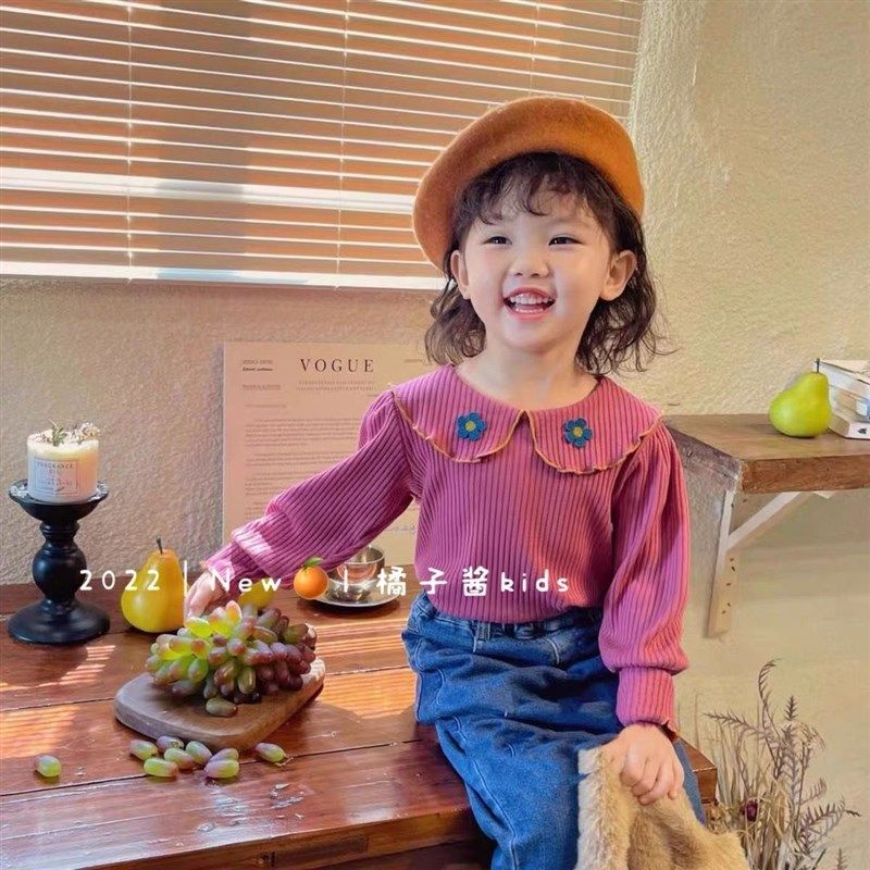 韩系女童木耳边长袖t恤衫黑色上衣秋装新款儿童女宝花边领打底衫