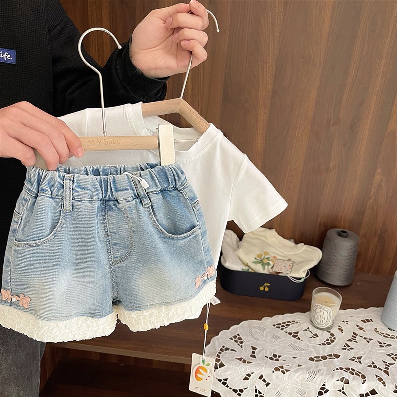 女宝宝洋气花边热裤女婴儿童春夏季新款女童超正水洗软弹牛仔短裤