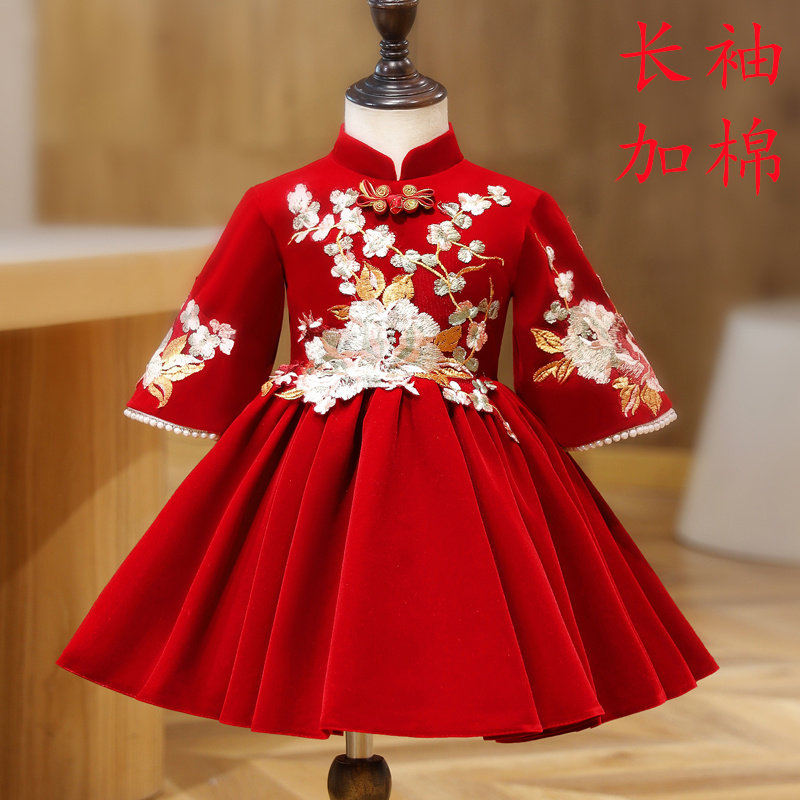 儿童一周岁礼服酒红色主持人花童洋气高端宝宝唐装女童公主裙冬季