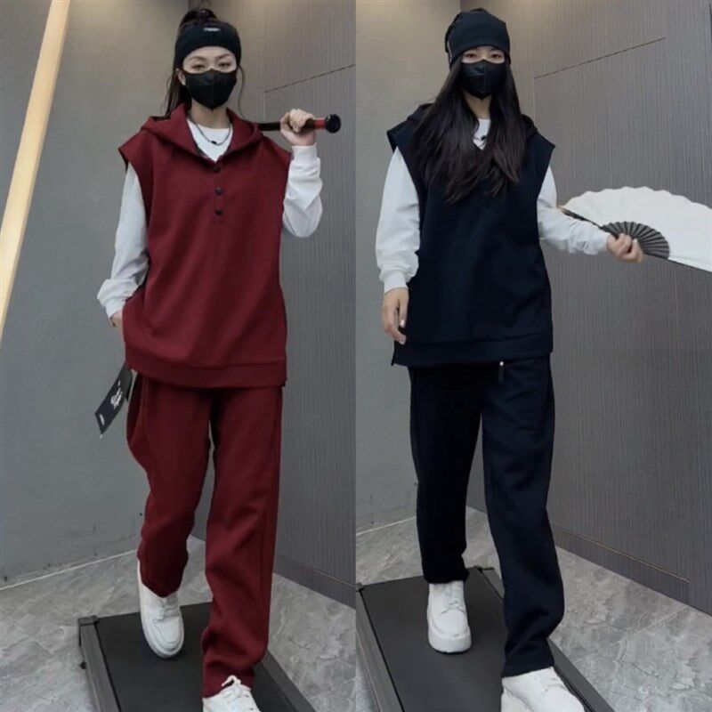 秋季新款潮流时尚纯色休闲运动套装男女款连帽卫衣马甲卫裤两件套