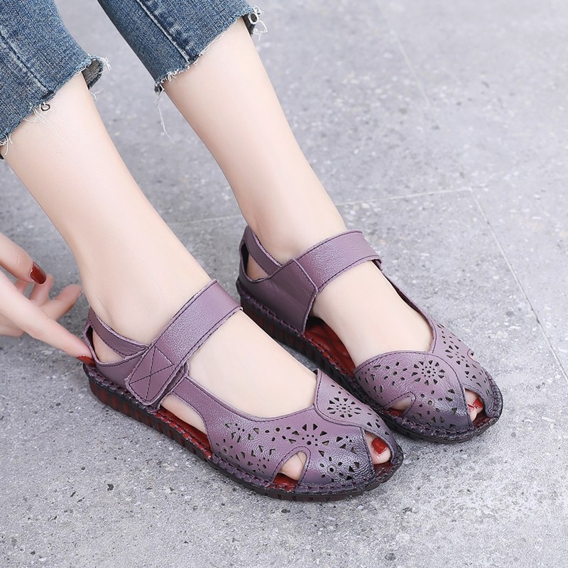 舒适包头镂空凉鞋真皮软底妈妈鞋夏季新款透气中老年平底搭扣女鞋,女鞋,一字带凉鞋,淘宝优惠券,粉丝福利购,淘宝优惠卷