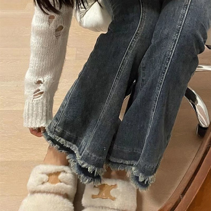 复古蓝毛边微喇叭牛仔裤女秋冬大尺码胖mm梨形身材高腰显瘦阔腿裤