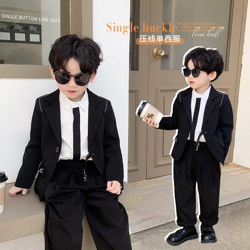 男童黑色西装套装春秋帅气儿童礼服英G伦小男孩花童婚礼西服三件