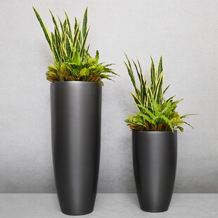 现代玻璃钢圆形银l灰色落地大花瓶酒店大堂软装饰品插绿植套装花