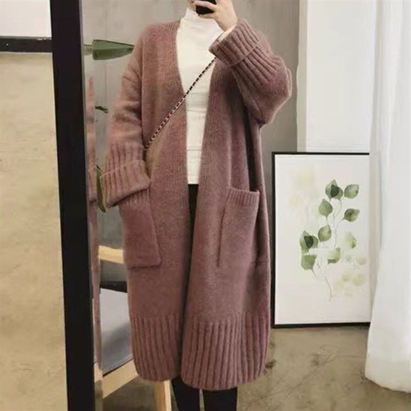 韩版中长款针织开衫女2023秋冬纯色休闲宽松V领长袖毛衣女外套潮