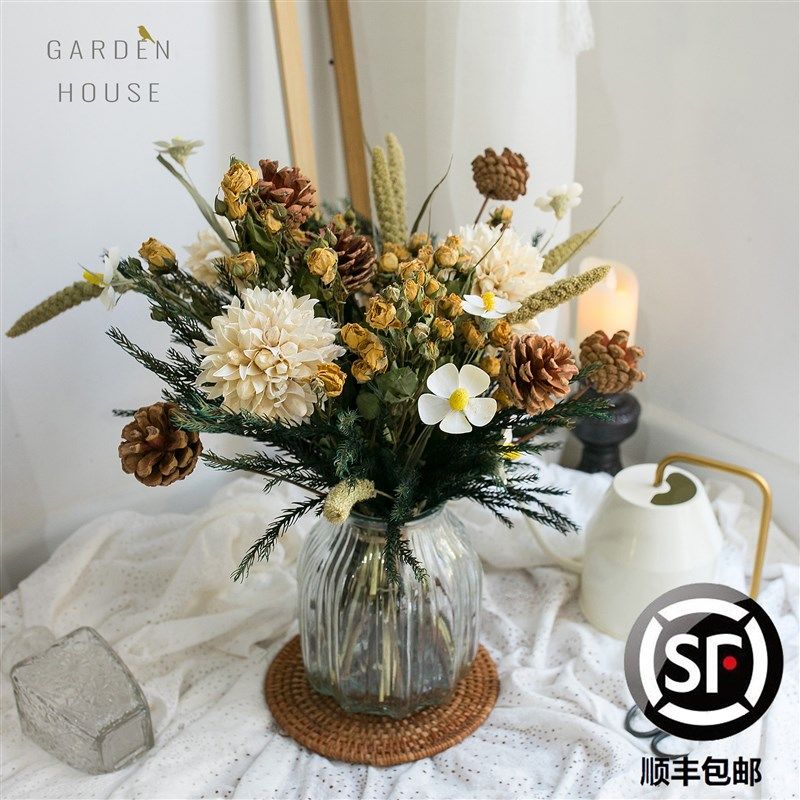 玫瑰干花花束 真花diy材料玄关餐桌办公桌摆设花桌面装饰节日礼物