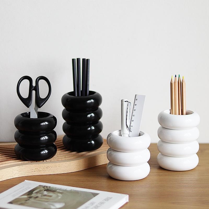 笔筒学生桌面小型竹白家创意迷你文具收纳罐圆形树脂笔插收纳桶可