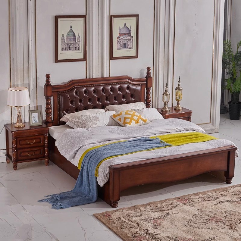 美式轻奢实木床主卧现代简约乡村B风复古双人床软包靠高箱储物婚