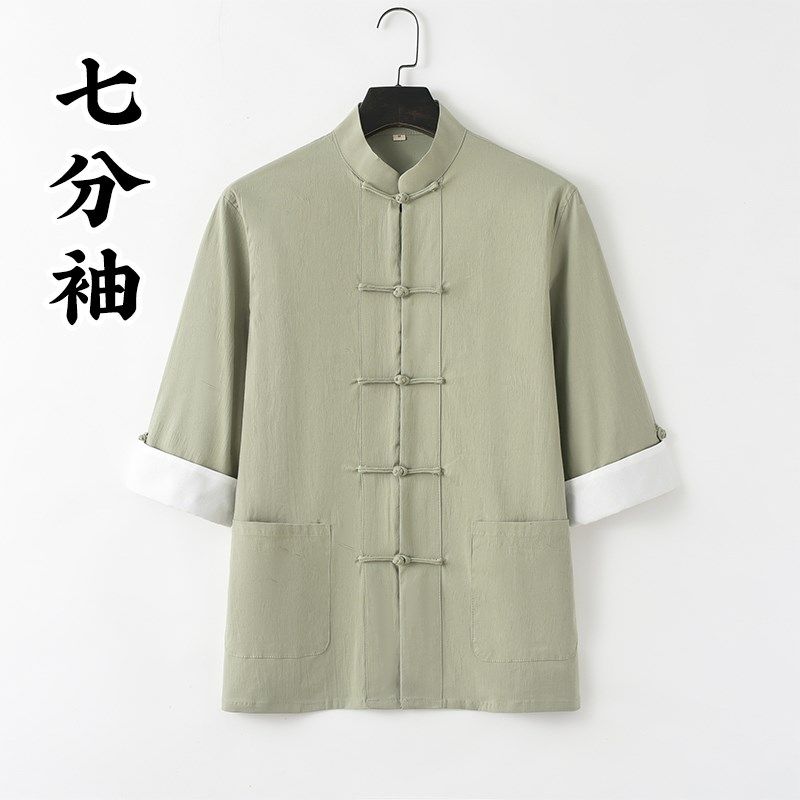 夏季薄款中国风唐装男青年七分袖短袖休闲棉麻衬衫盘扣立领中山装,男装,唐装,淘宝优惠券,粉丝福利购,淘宝优惠卷