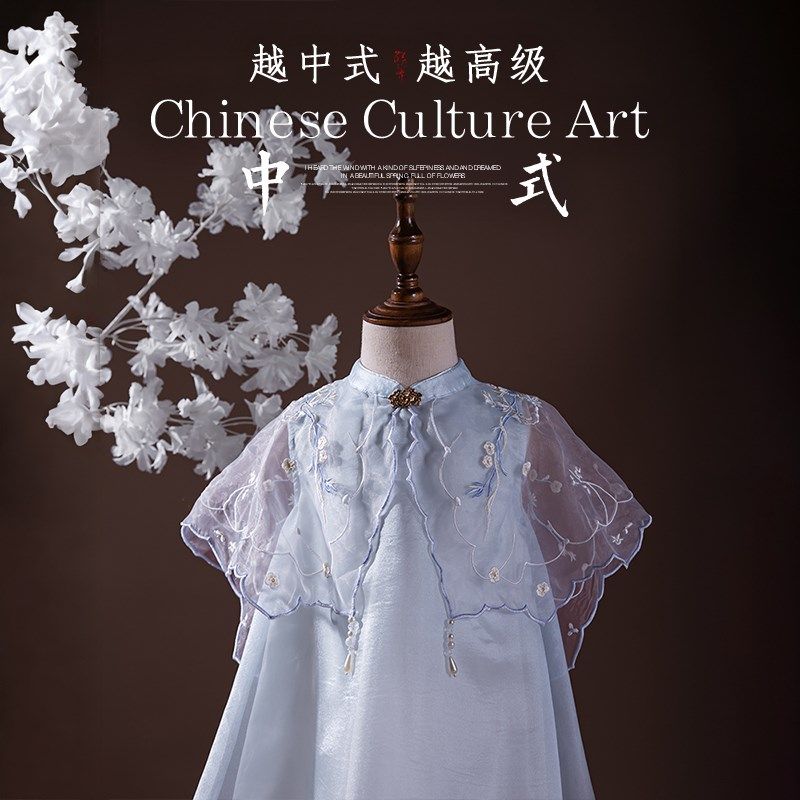 女童真丝云肩汉服简约女宝连衣裙披肩古风改良款短袖中国风公主裙