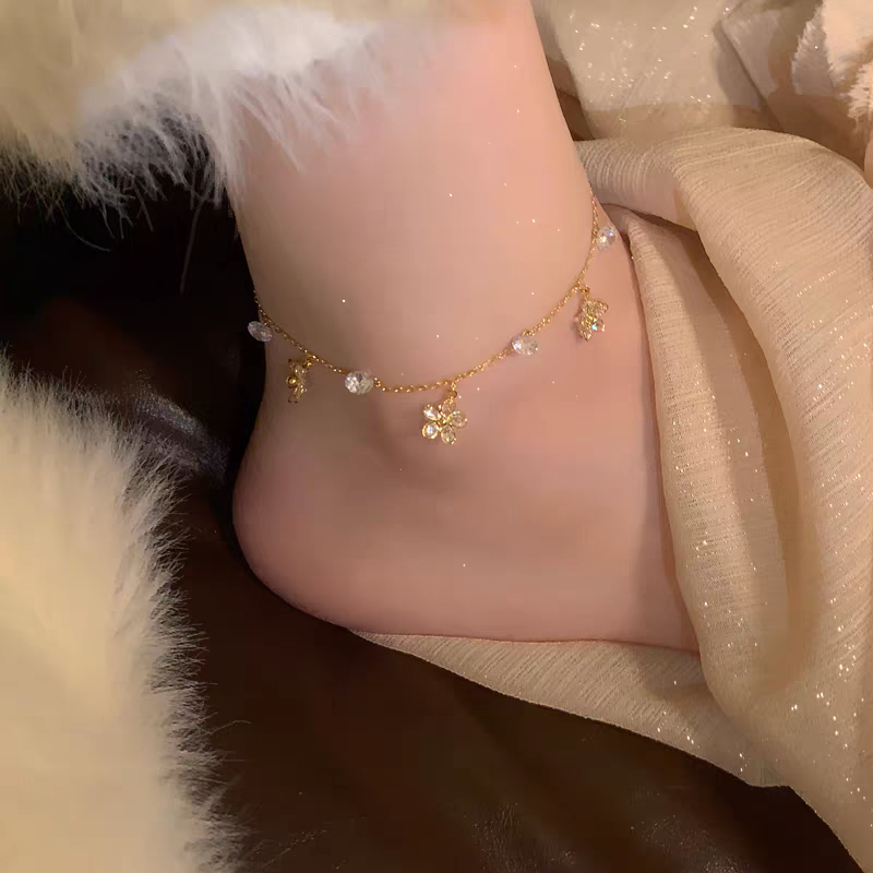 氛围感花朵锆石流苏脚链女
