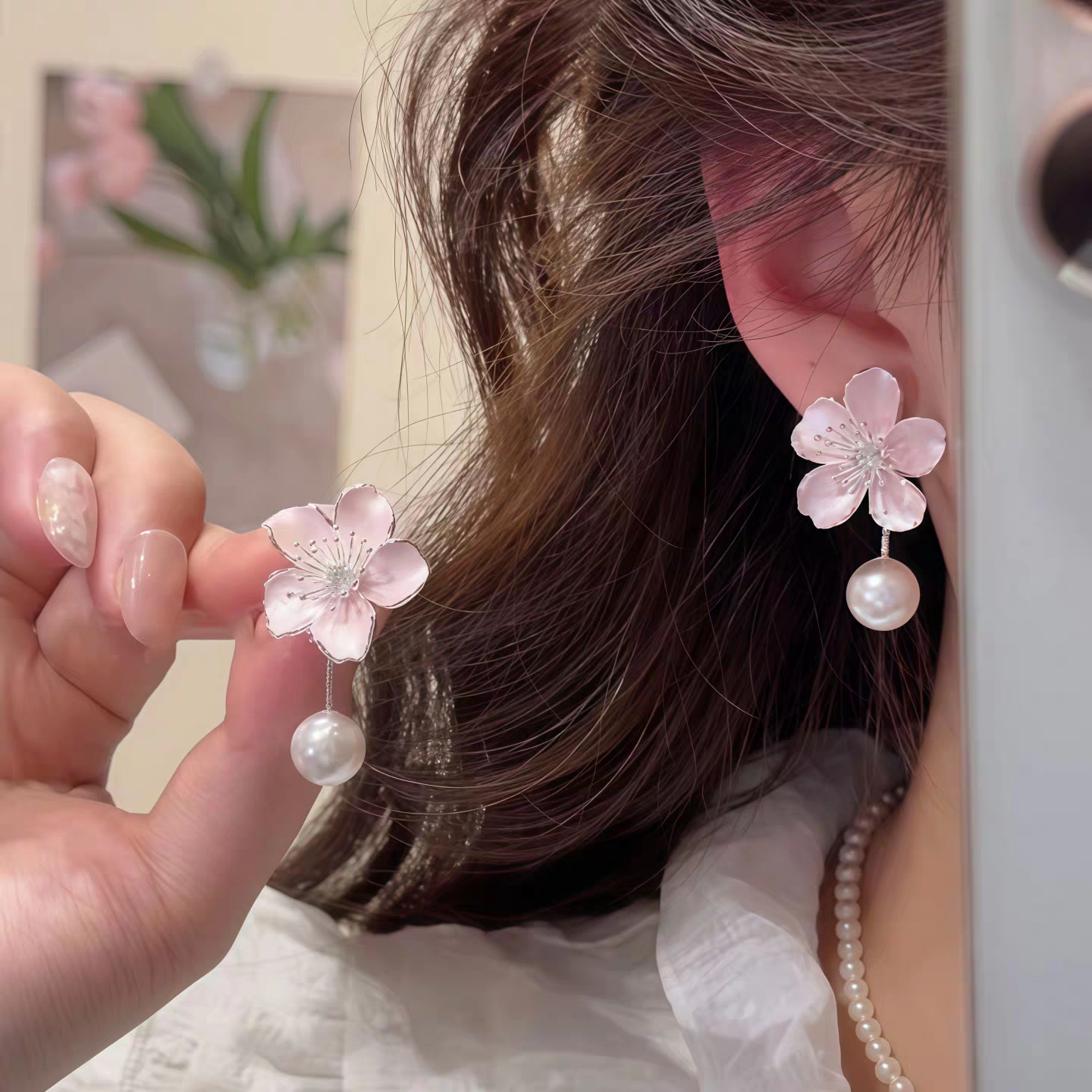 春日氛围感桃花珍珠耳环一款两戴