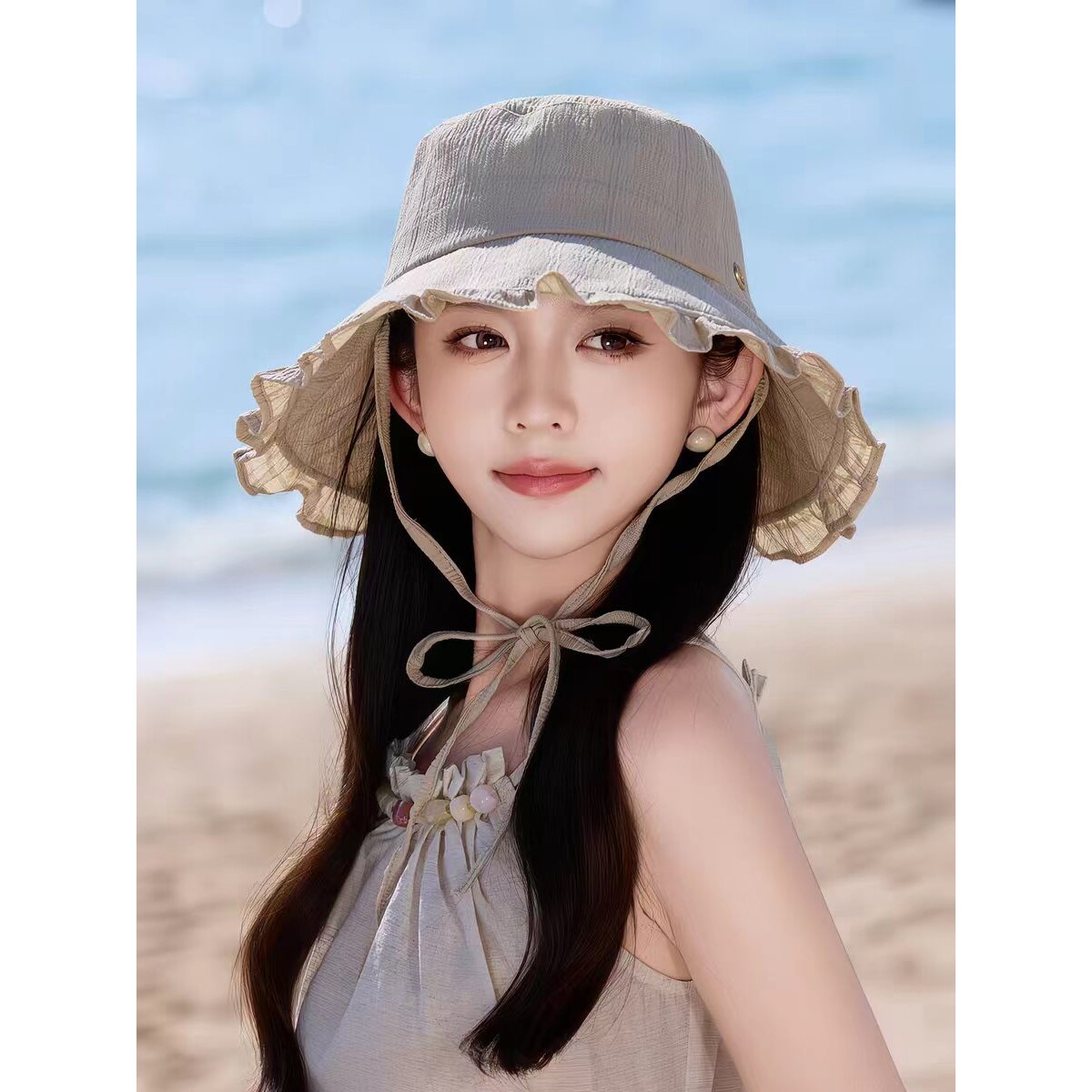 2026夏款海边度假渔夫帽女沙滩防紫外线防晒遮太阳荷叶边宽檐盆帽