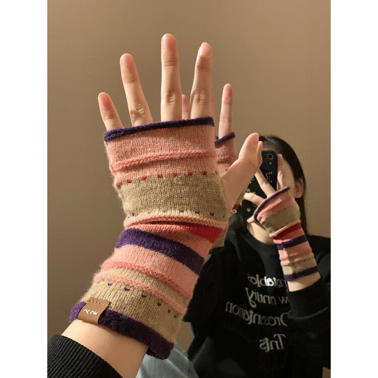 秋冬季加厚保暖半指针织手套女学生写字露指触屏护腕彩色毛线袖套