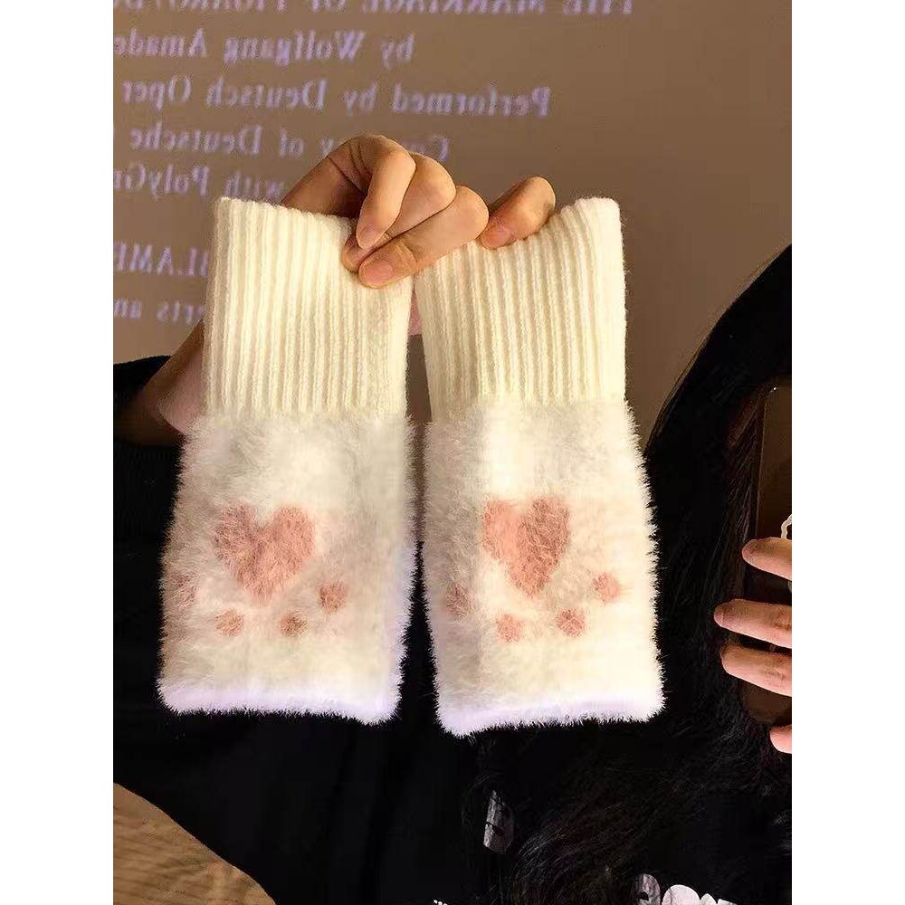 半指毛绒猫爪手套女冬季可爱加厚加绒保暖护手腕触屏办公学生写字