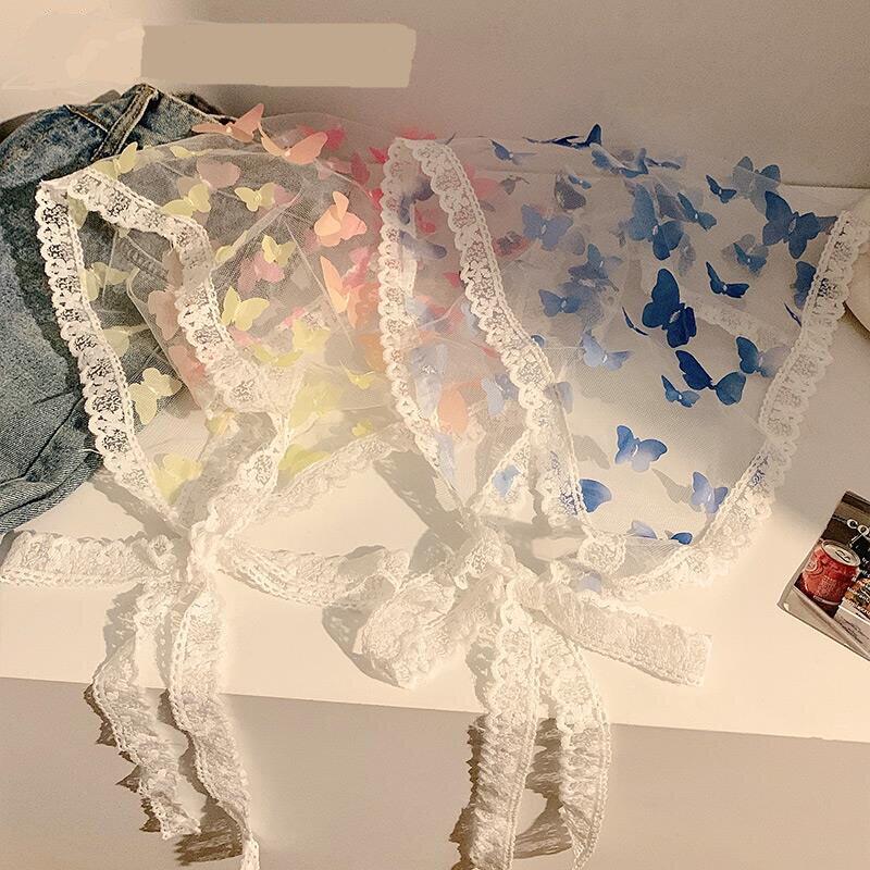 多巴胺灵动蝴蝶法式仙气蕾丝三角头巾女包头网纱丝巾发带夏天海边