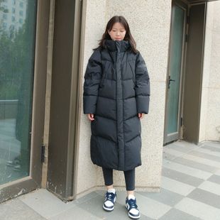 韩版情侣款长款鹅绒羽绒服男女士同款过膝加长加厚连帽极寒外套冬