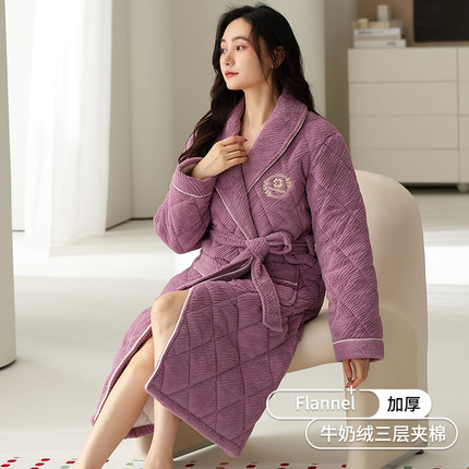 睡袍女款冬季珊瑚绒三层夹棉加绒加厚睡衣秋冬法兰绒浴袍家居服女