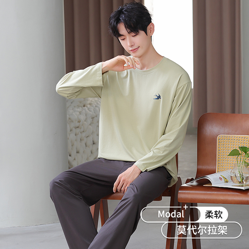 莫代尔睡衣男春秋季2025新款棉绸男士套装秋冬薄款圆领大码家居服