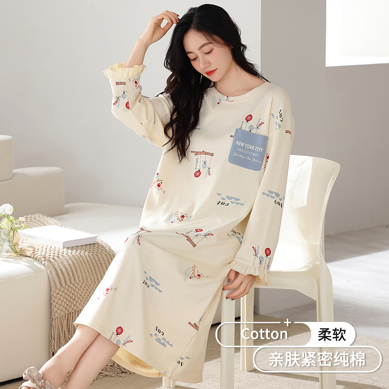 睡裙女款春秋2025新款纯棉长袖甜美家居服秋冬季高级长款大码睡衣