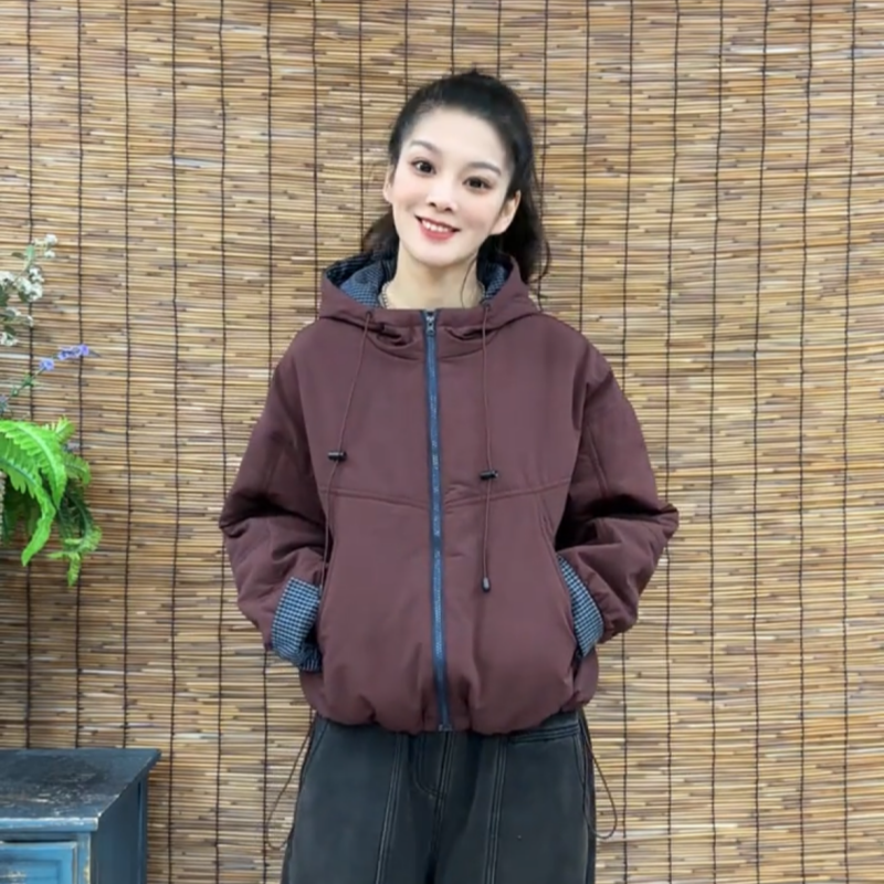 假两件棉衣加厚保暖格子上衣