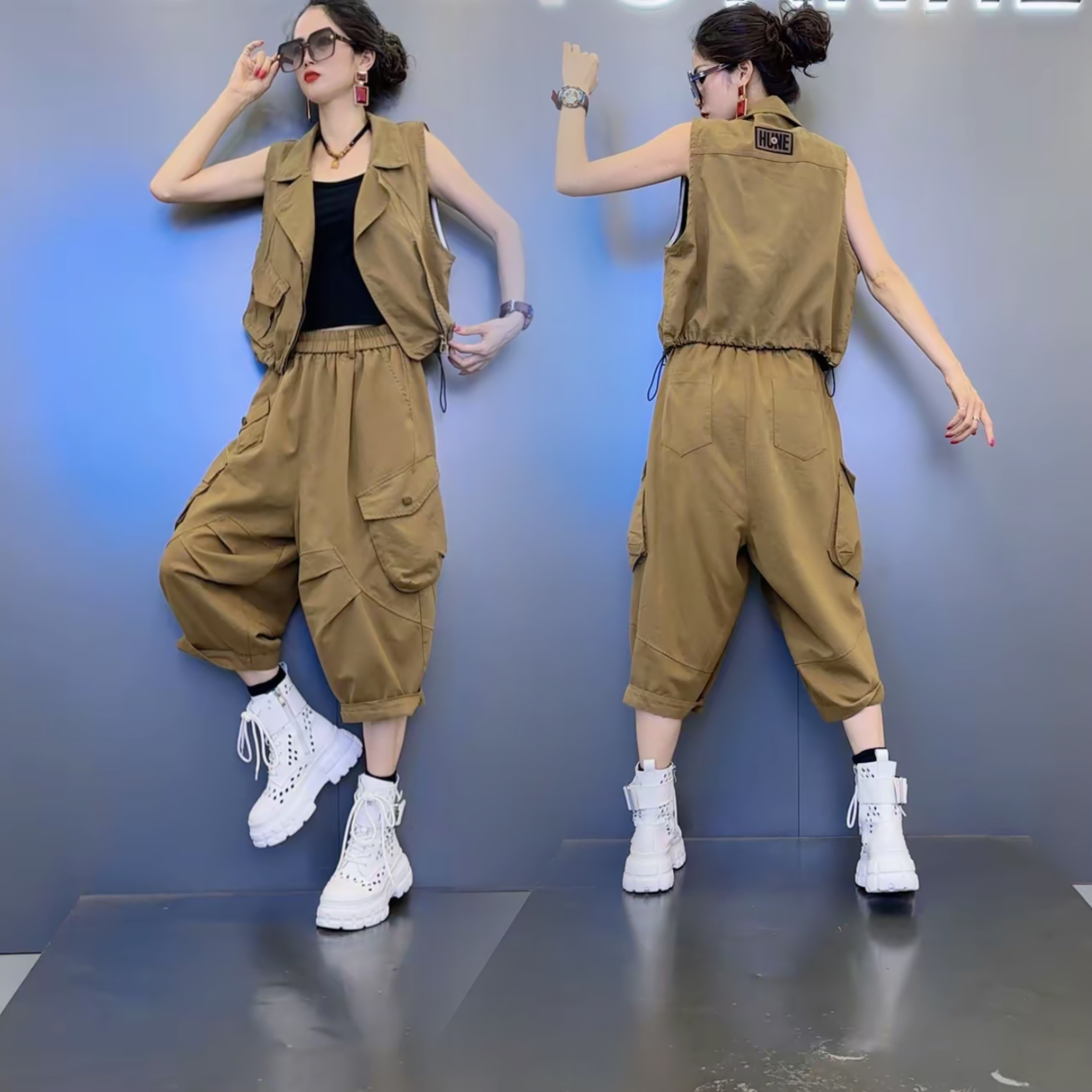 时尚抽绳马甲松紧腰工装哈伦裤两件套女2025早秋新款百搭无袖外套