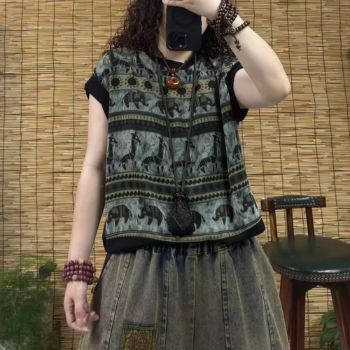 印花小象时尚圆领短袖T恤女