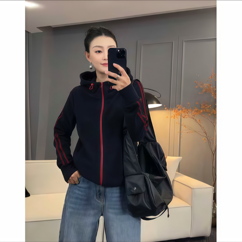 双面绒连帽拉链上衣宽松外套女