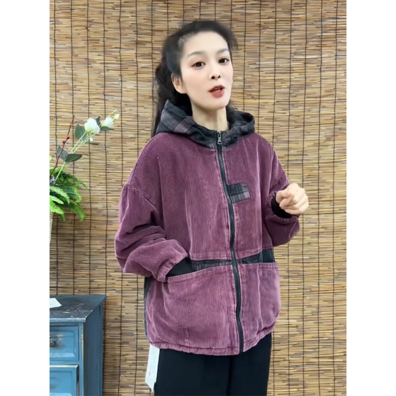 洋气灯芯绒连帽棉服外套女