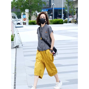 T恤 潮 格子襯衫 兩件套裝 短袖 明線七分褲 女2025年夏季 水洗寬松薄款