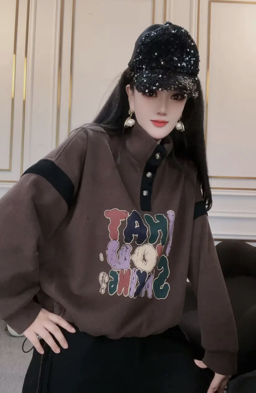加绒加厚卫衣女撞色拼接卡通印花立领卫衣女休闲百搭个性长袖上衣