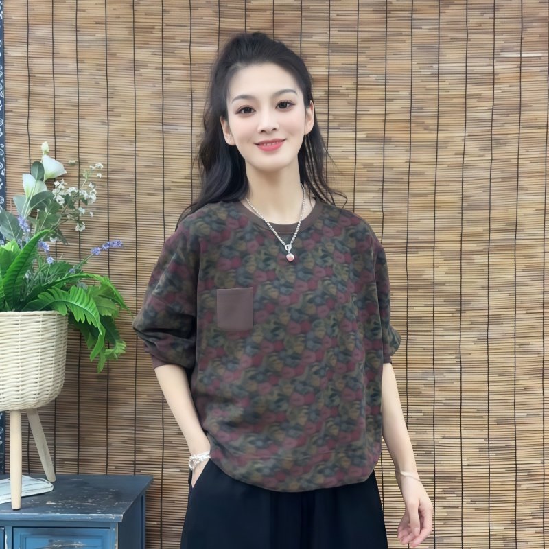 2026春秋新款复古花休闲圆领长袖卫衣女显瘦百搭洋气减龄上衣内搭