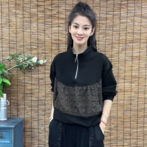 拼接撞色卫衣女长袖半高领