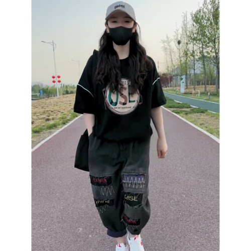 水洗薄款牛仔哈伦裤两件套女