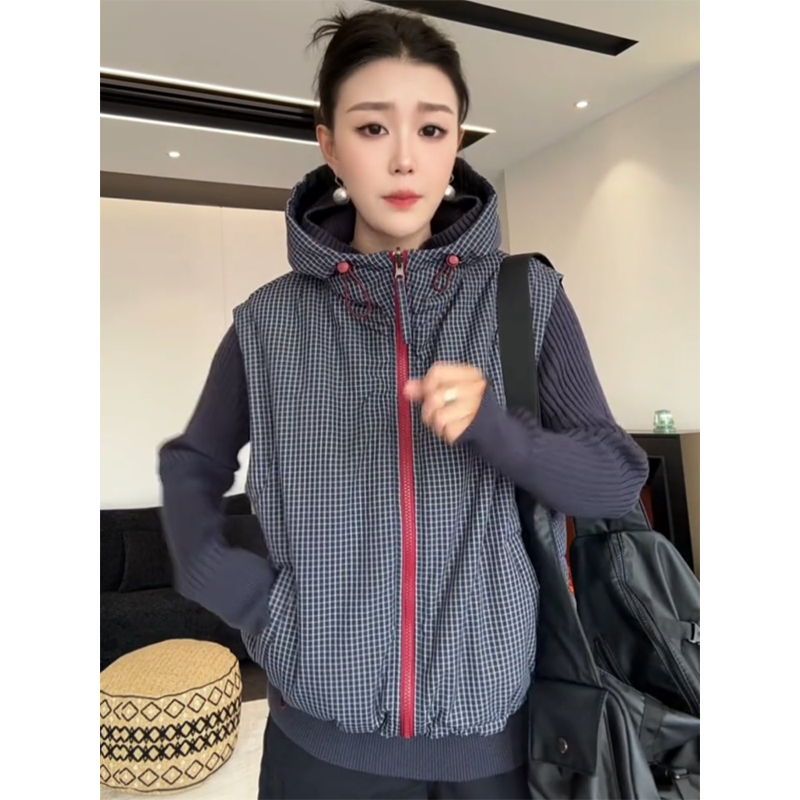 休闲格子连帽双面穿棉马甲女