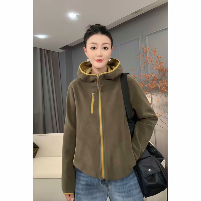 宽松撞色加绒卫衣开衫外套女